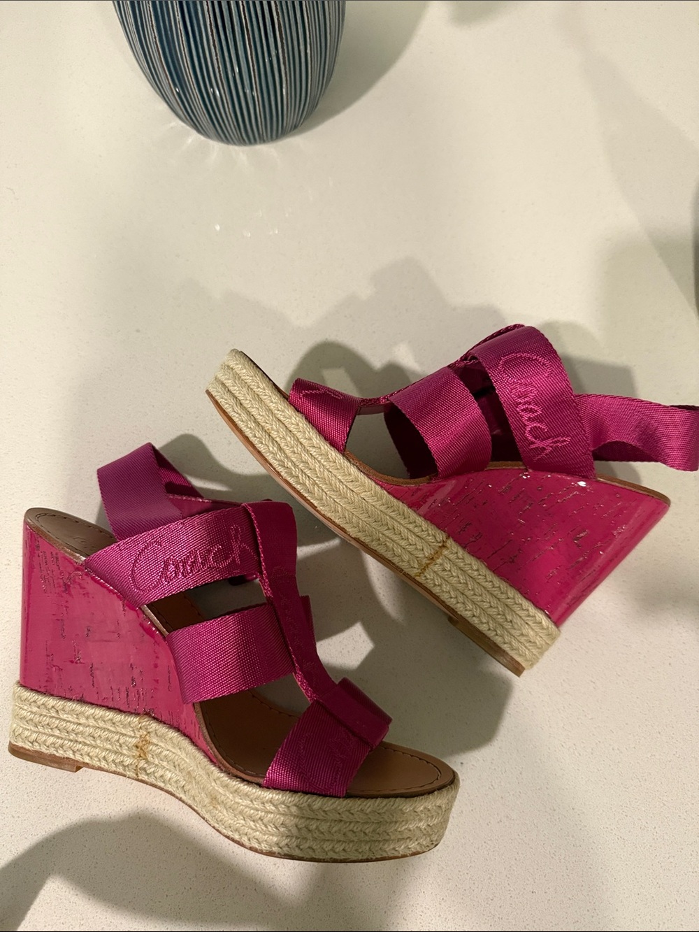 Coach Fuchsia Ribbon Wedge Espadrilles
